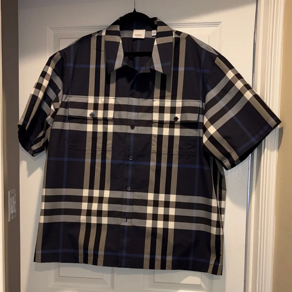 Burberry Men's Short-Sleeve Plaid Button-Up Shirt - Black & White - Picture 1 of 8